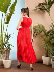Women Red Waist Cut Out Pleated Maxi Dress