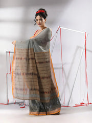 Light Grey Cotton Saree With Stripes Zari Pallu-MA55CT06520094