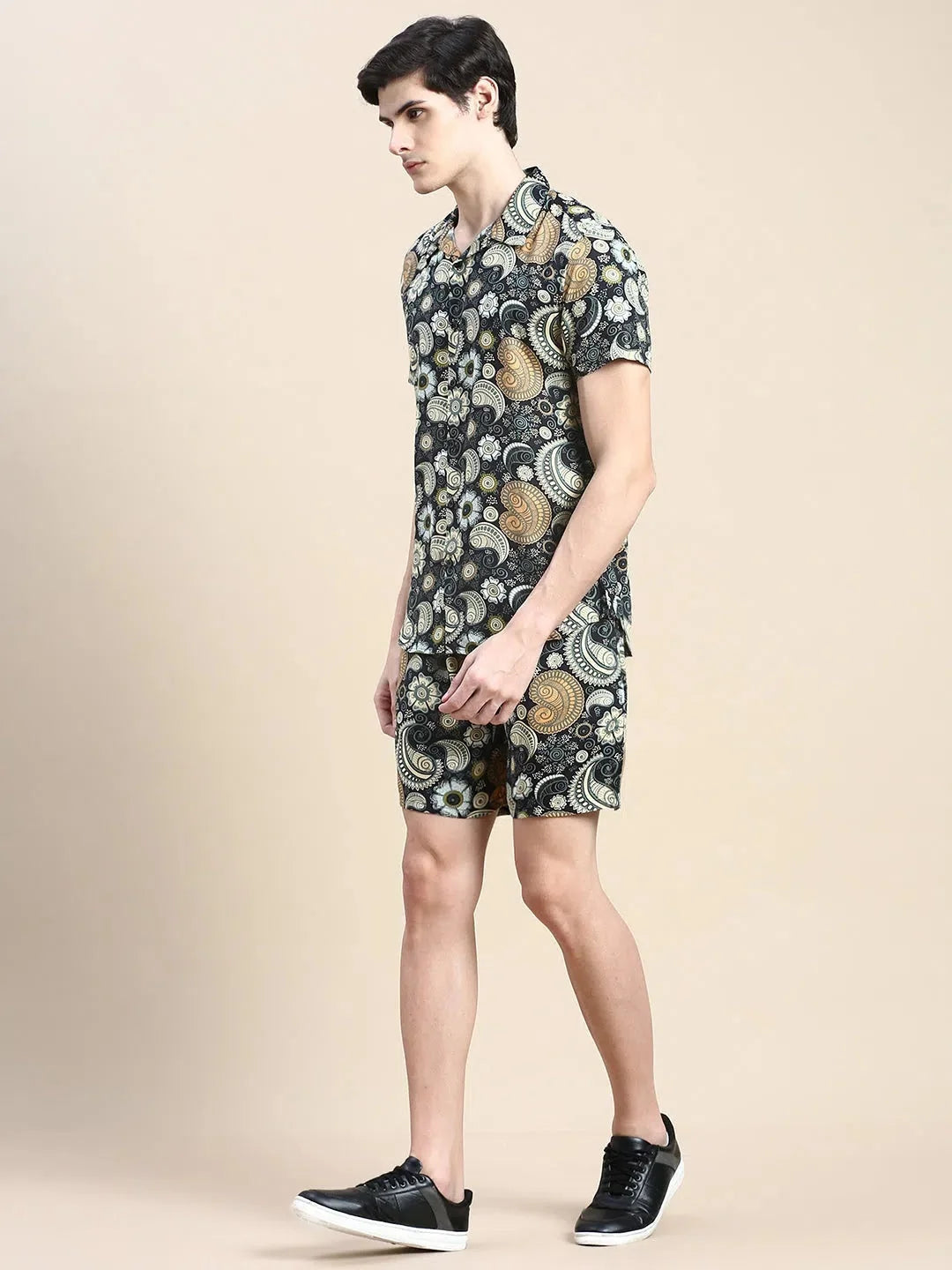 Men's Printed Co ord Set | Black Cotton Casual Two Piece Set