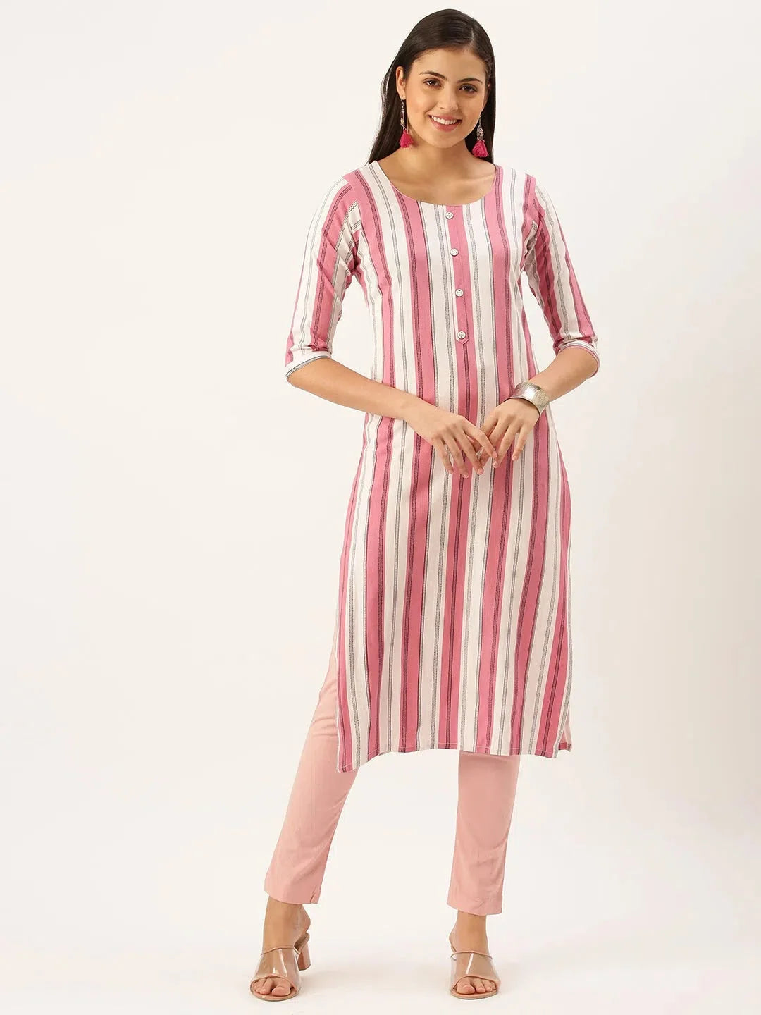 Pink Striped Cotton Indian Kurta for Ladies | DesiQlo