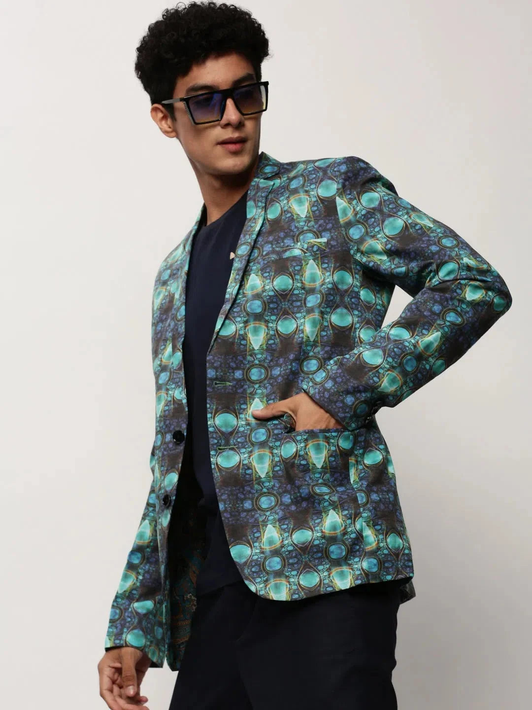 Men Blue Printed Casual Blazers-SOBLZ-082-1-Turquoiseblue