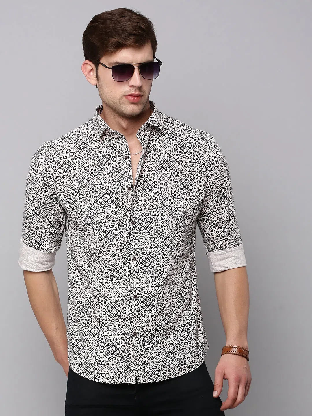 Men Cream Printed Casual Shirt-HARPERPRINT-1697-Cream