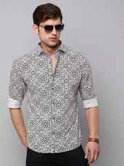 Men Cream Printed Casual Shirt-HARPERPRINT-1697-Cream