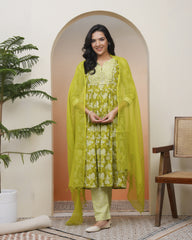 Women green Cotton kurta with cotton pant & dupatta-187VAASNEON