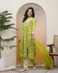 Women green Cotton kurta with cotton pant & dupatta-187VAASNEON