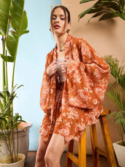 Women Rust Floral Kimono Shrug With Shorts