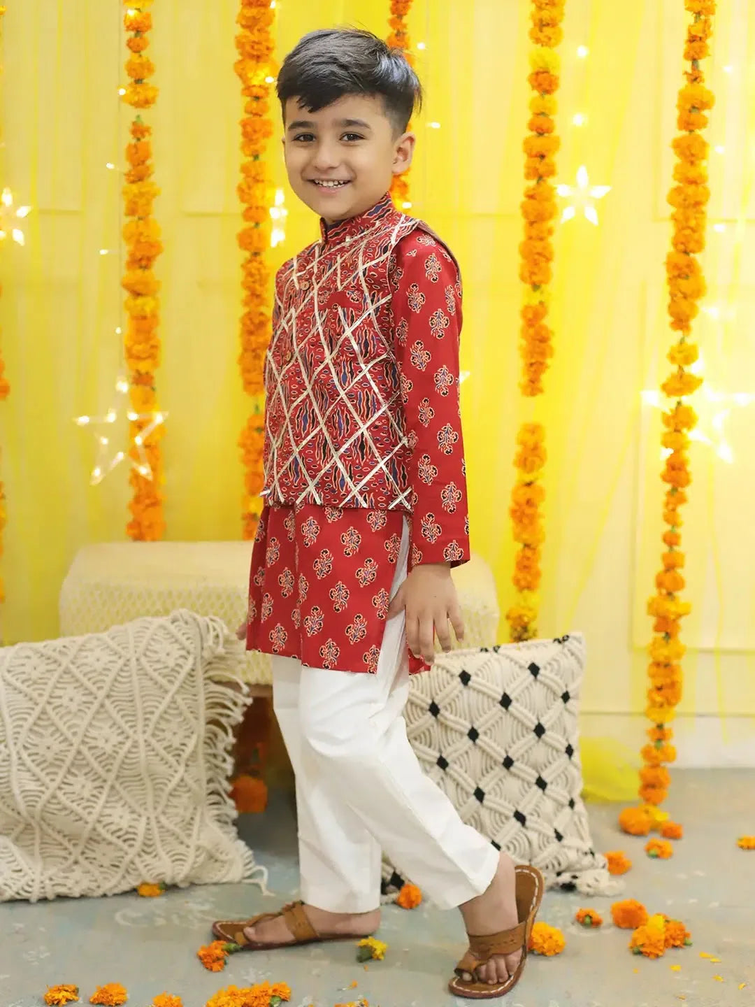 BownBee Red Printed Kurta Pajama Set for Boys | Indian Wear