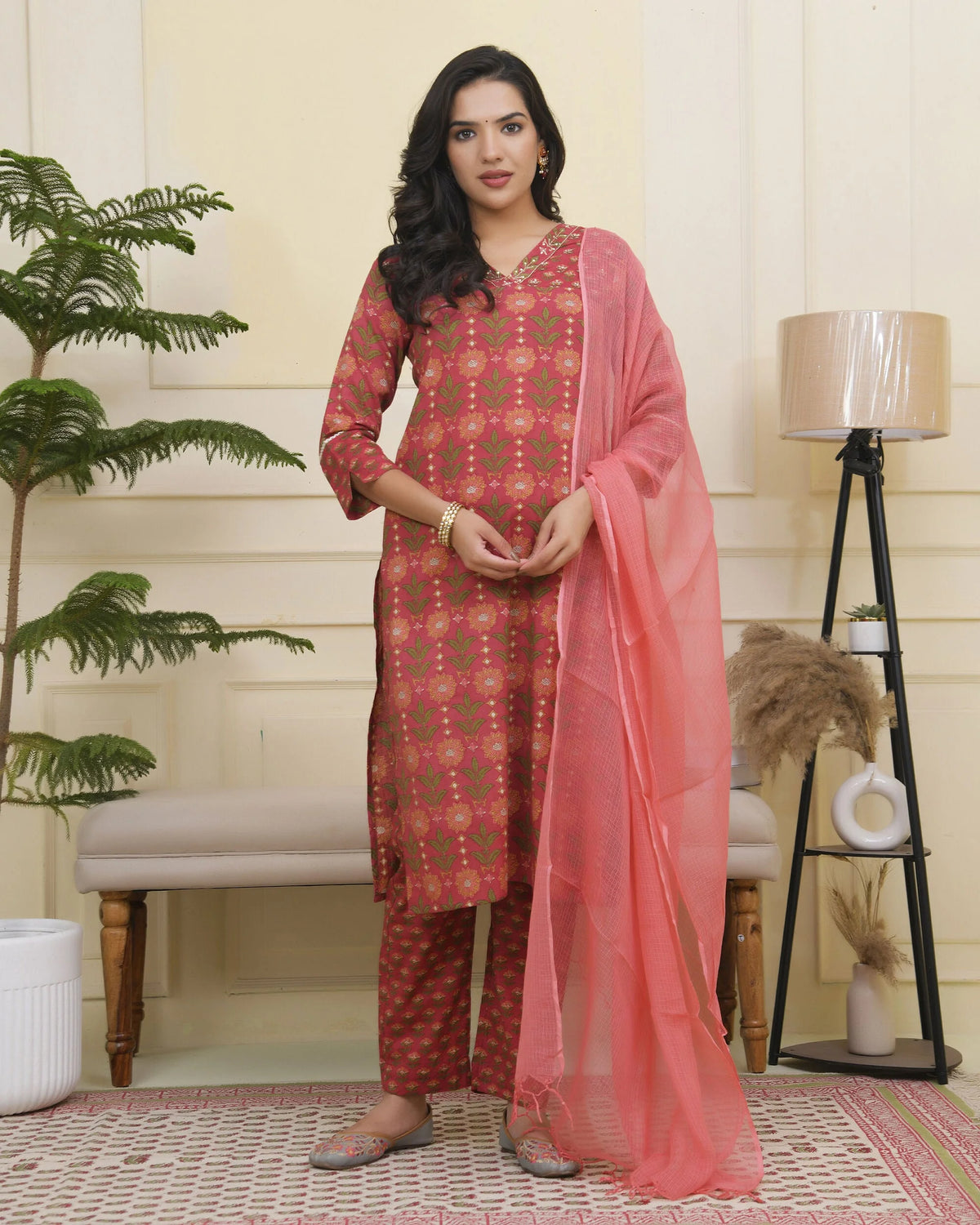 Women Maroon Cotton kurta with cotton pant & dupatta-188VAASMAROON