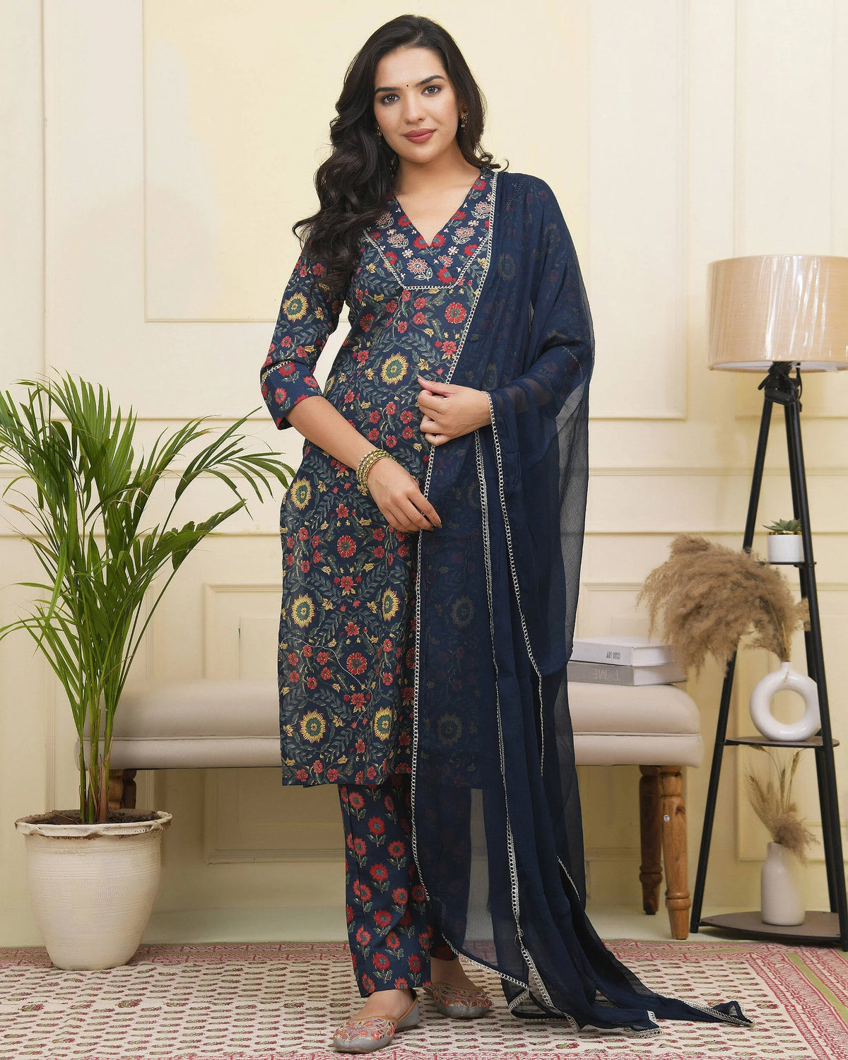 Women Navy Cotton kurta with cotton pant & dupatta-189VAASNAVY