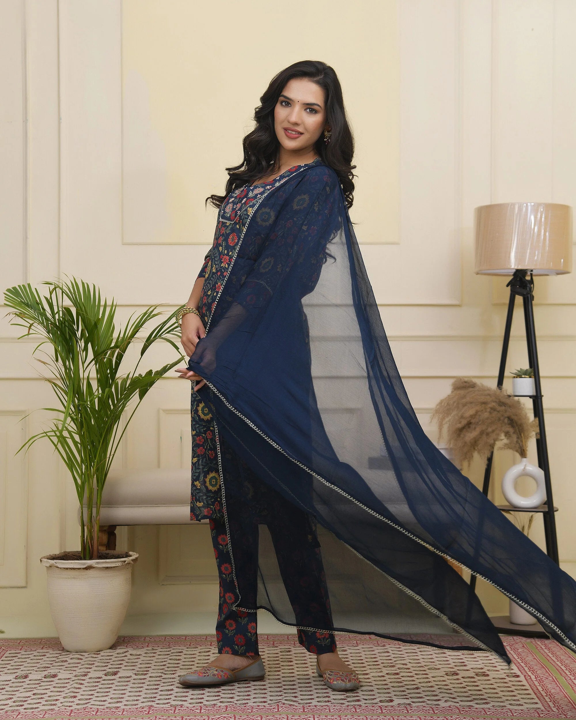 Women Navy Cotton kurta with cotton pant & dupatta