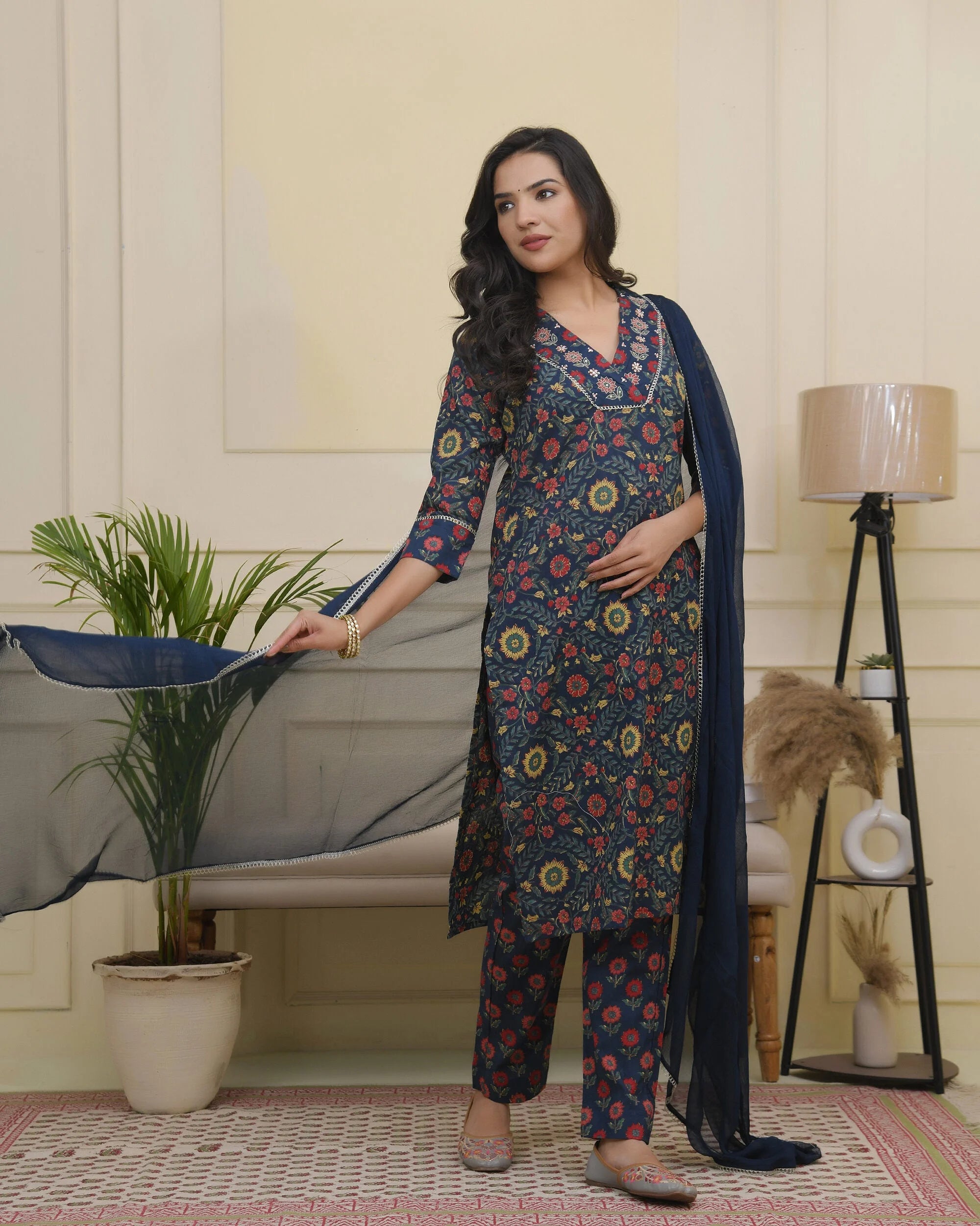 Women Navy Cotton kurta with cotton pant & dupatta