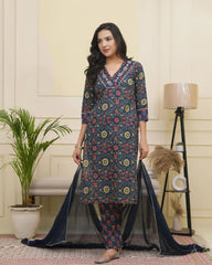 Women Navy Cotton kurta with cotton pant & dupatta-189VAASNAVY