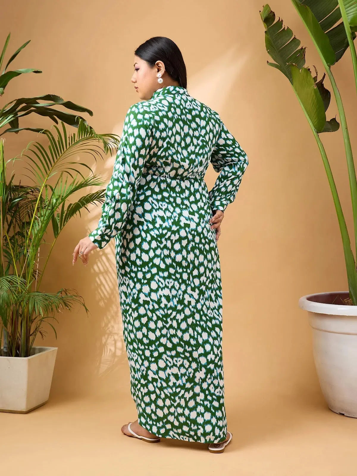 Green & White Print Midi Dress - Button Front Rayon Dress