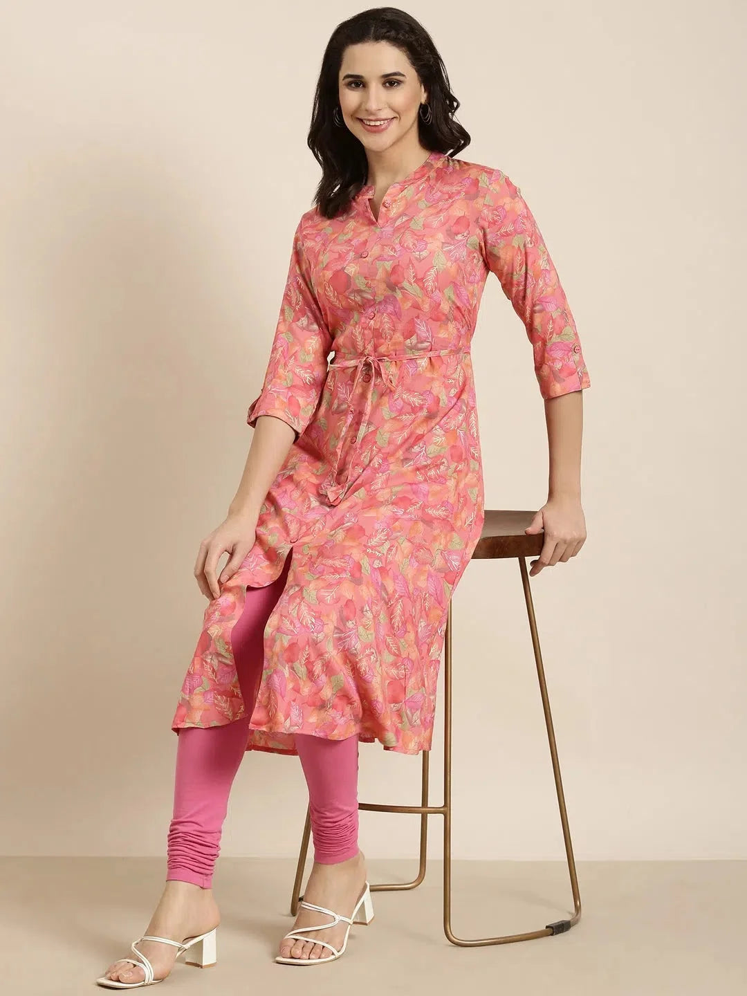 Floral Viscose Kurta - Pink Indian Kurtas for Women Online