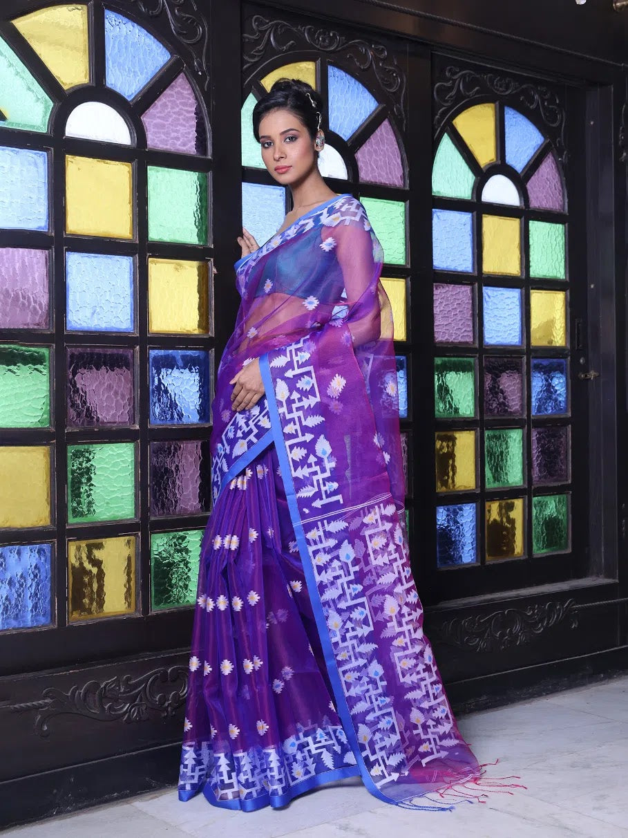 Violet Linen Muslin Saree | Indian Sari & Jamdani Design
