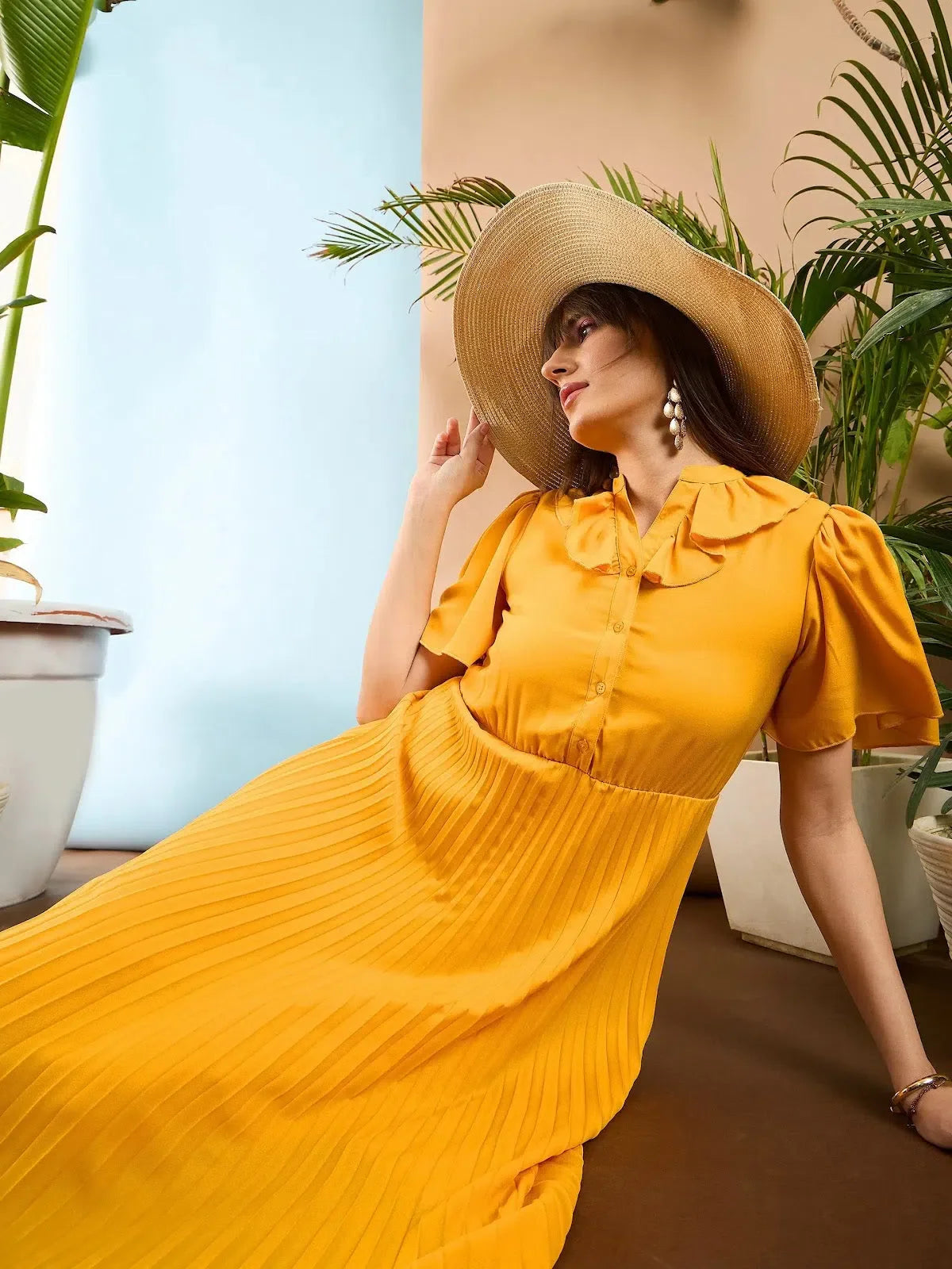 Mustard Accordion Pleated Midi Dress - Flared Party Wear