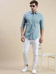 Men Teal Solid Casual Shirt-SWALLOW-1764-Teal