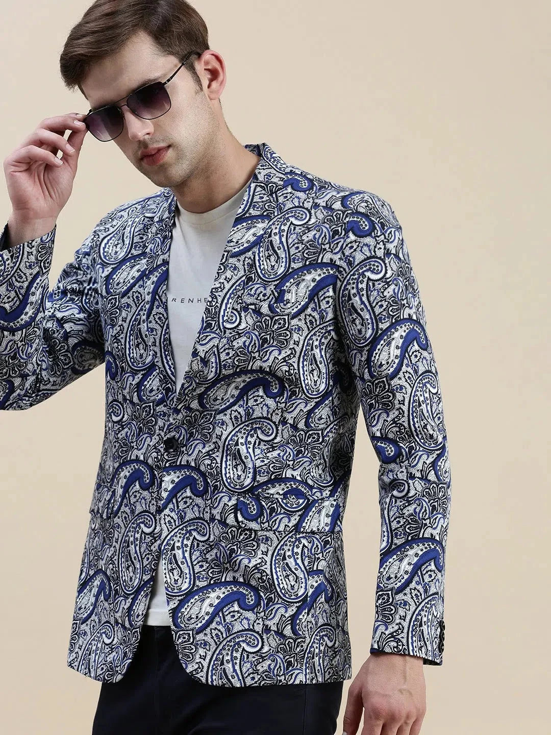 Blue Printed Men's Blazer | Stylish Men's Ethnic Wear
