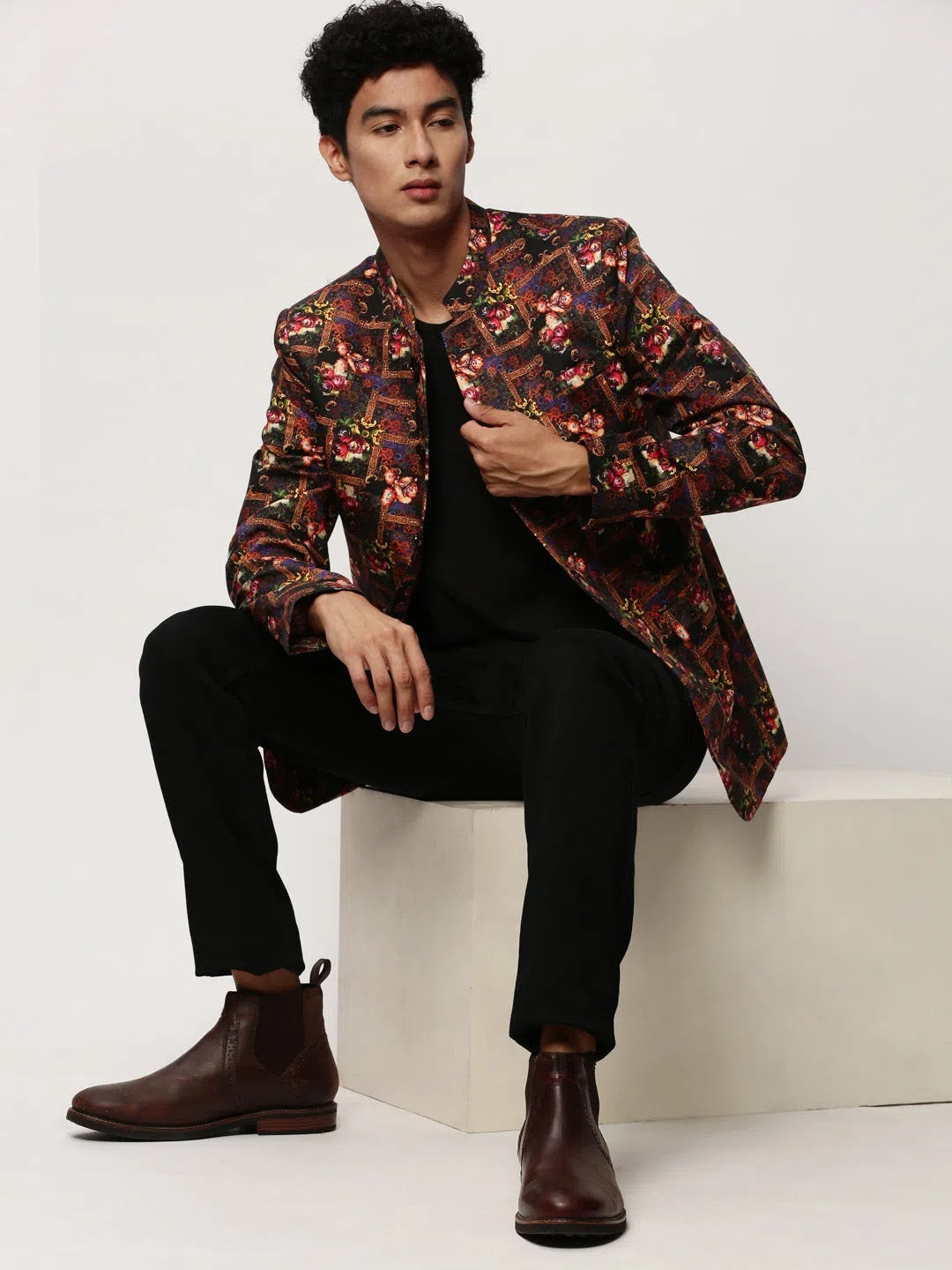 Black Print Blazer - Men's Indian Nehru Jackets Alternative