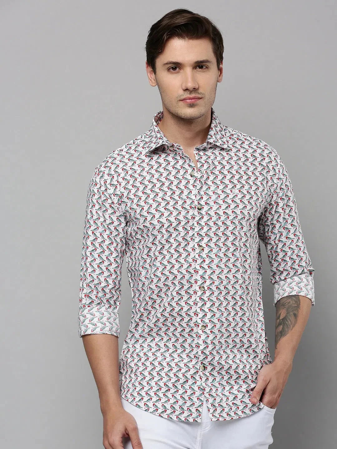 Men's White Printed Cotton Shirt | Modern Mens Shirt