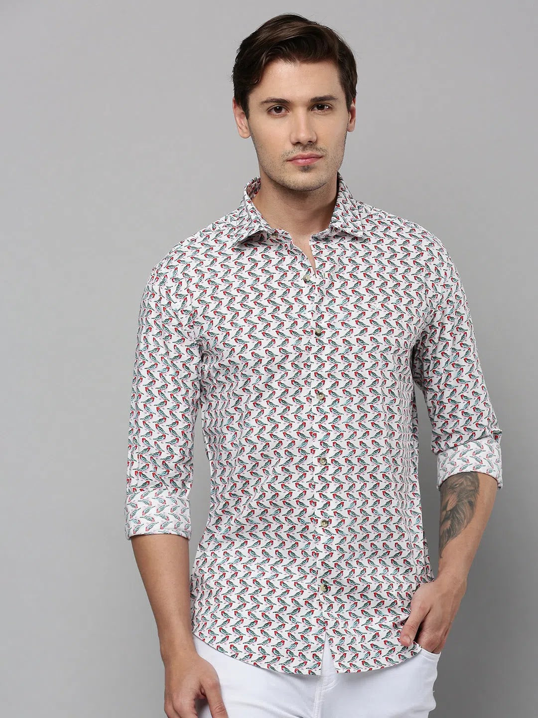 Men's White Printed Cotton Shirt | Modern Mens Shirt