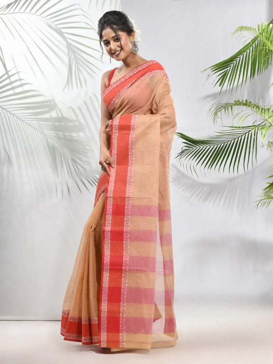 Beige Pure Cotton Tant Saree With Woven Designs-MA51TT43430112 1075