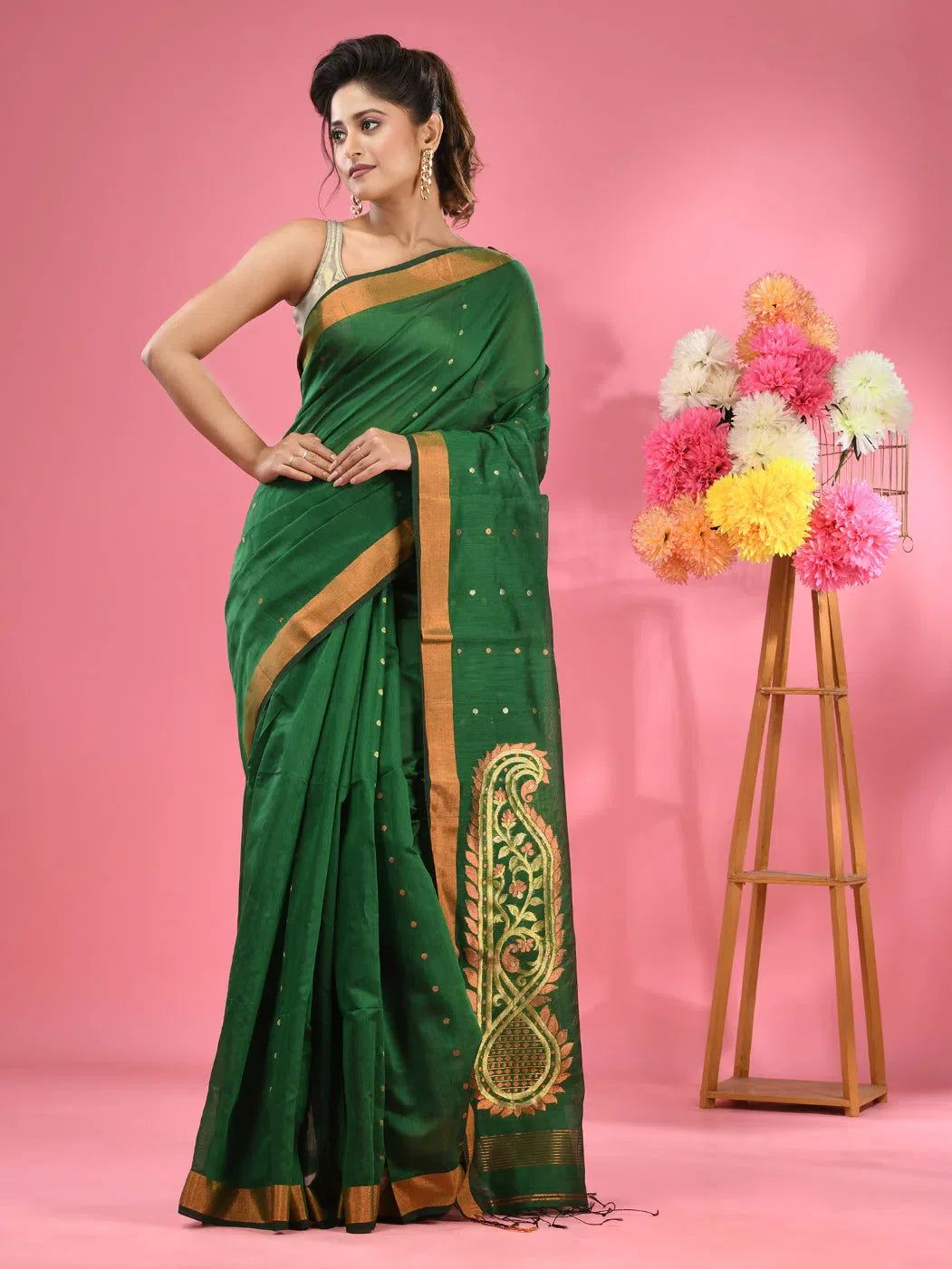 Green Cotton Blend Handwoven Saree With Zari Border-MA51BCT431270027