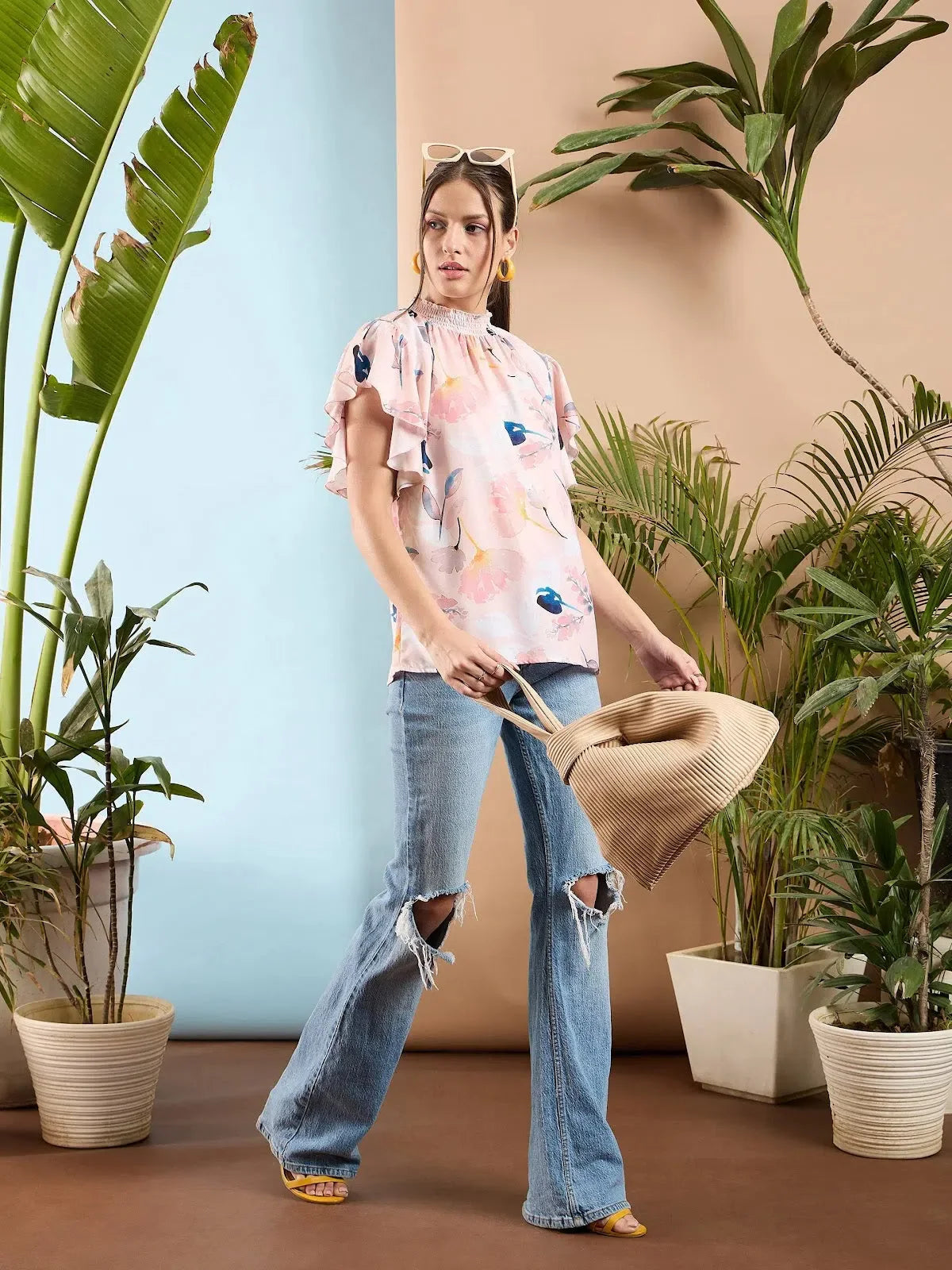 Peach Floral Smocked Top - Women's Blouses & Shirts Online