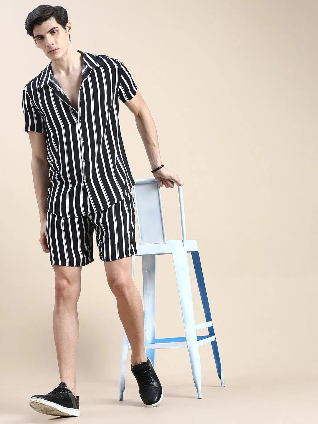 Men's Black Striped Cotton Casual Co ord Set | Showoff