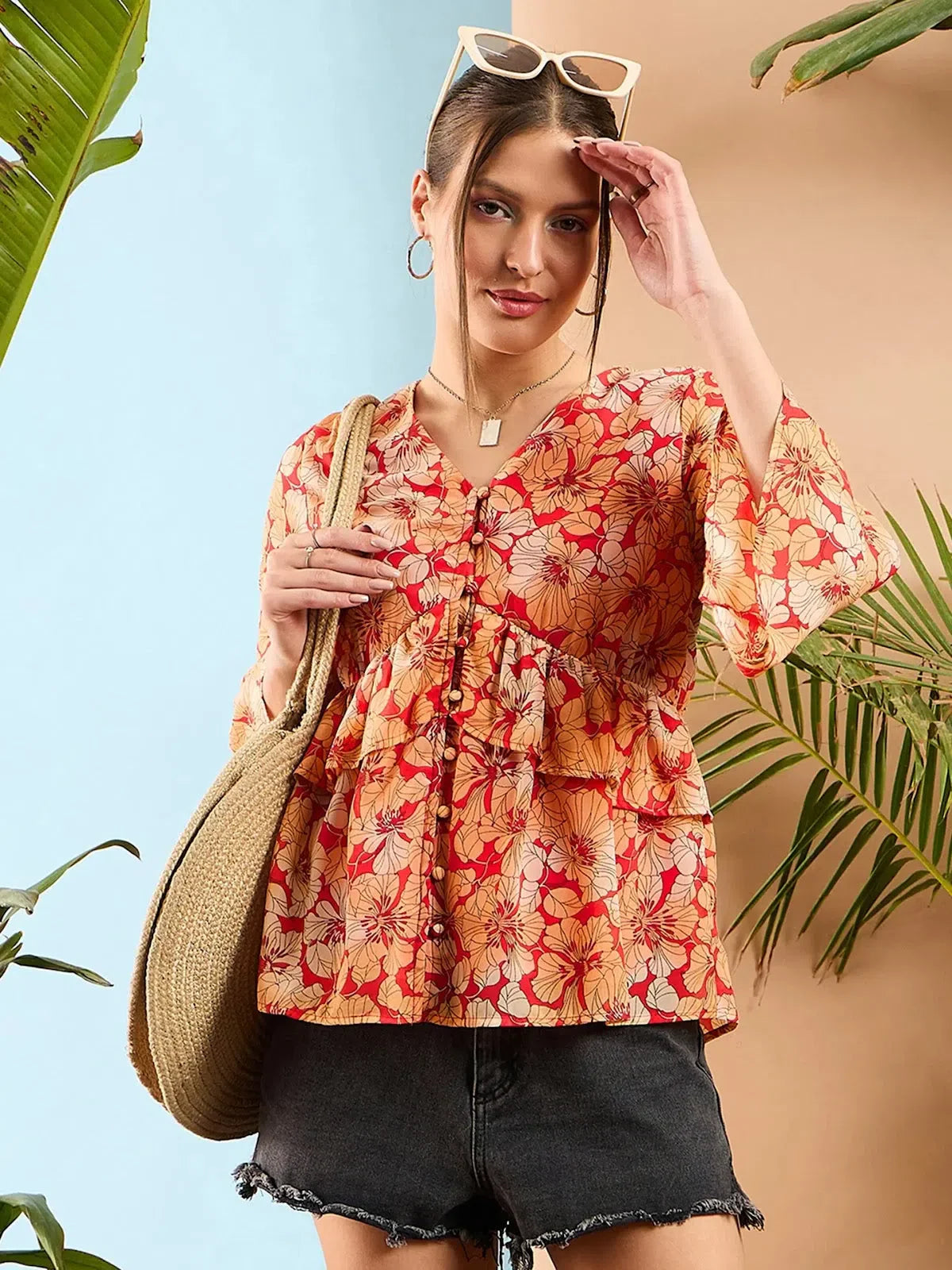 Red Floral Peplum Top | Women's Western Wear | Frill Details