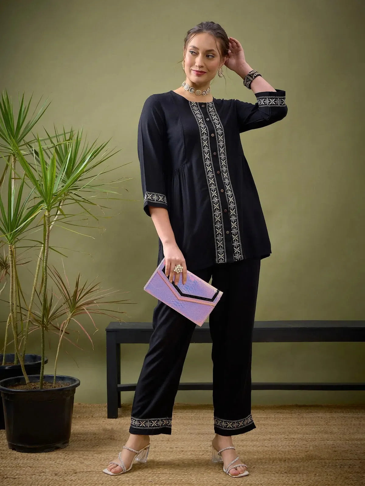 Black Embroidered Shirt & Palazzos - Women's Cord Set Outfit