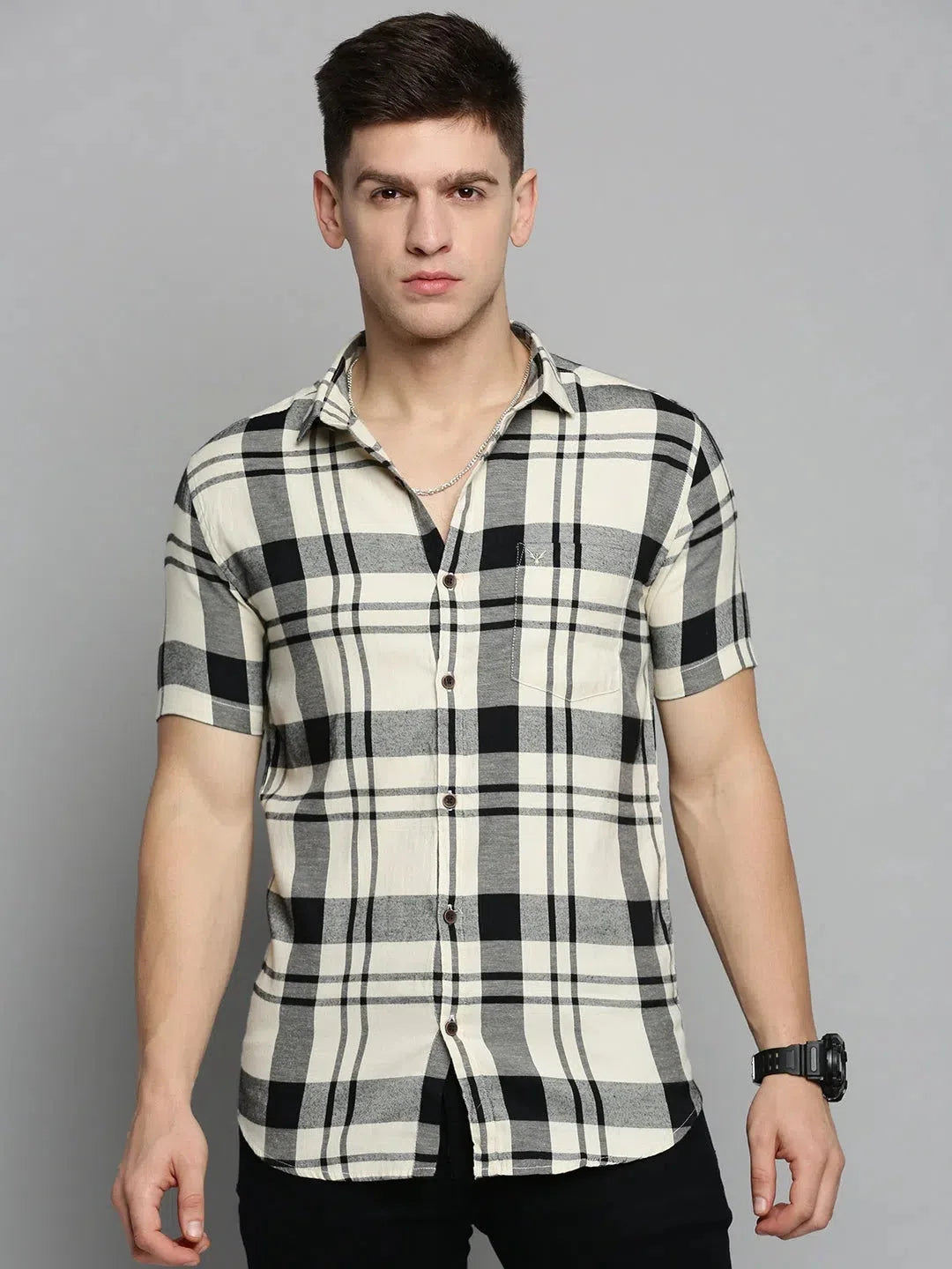 Cream Checked Mens Shirt - Soft Cotton Casual Shirt Online