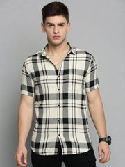 Men Beige Checked Casual Shirt-NICKCHECKSTWILL-1904-Cream