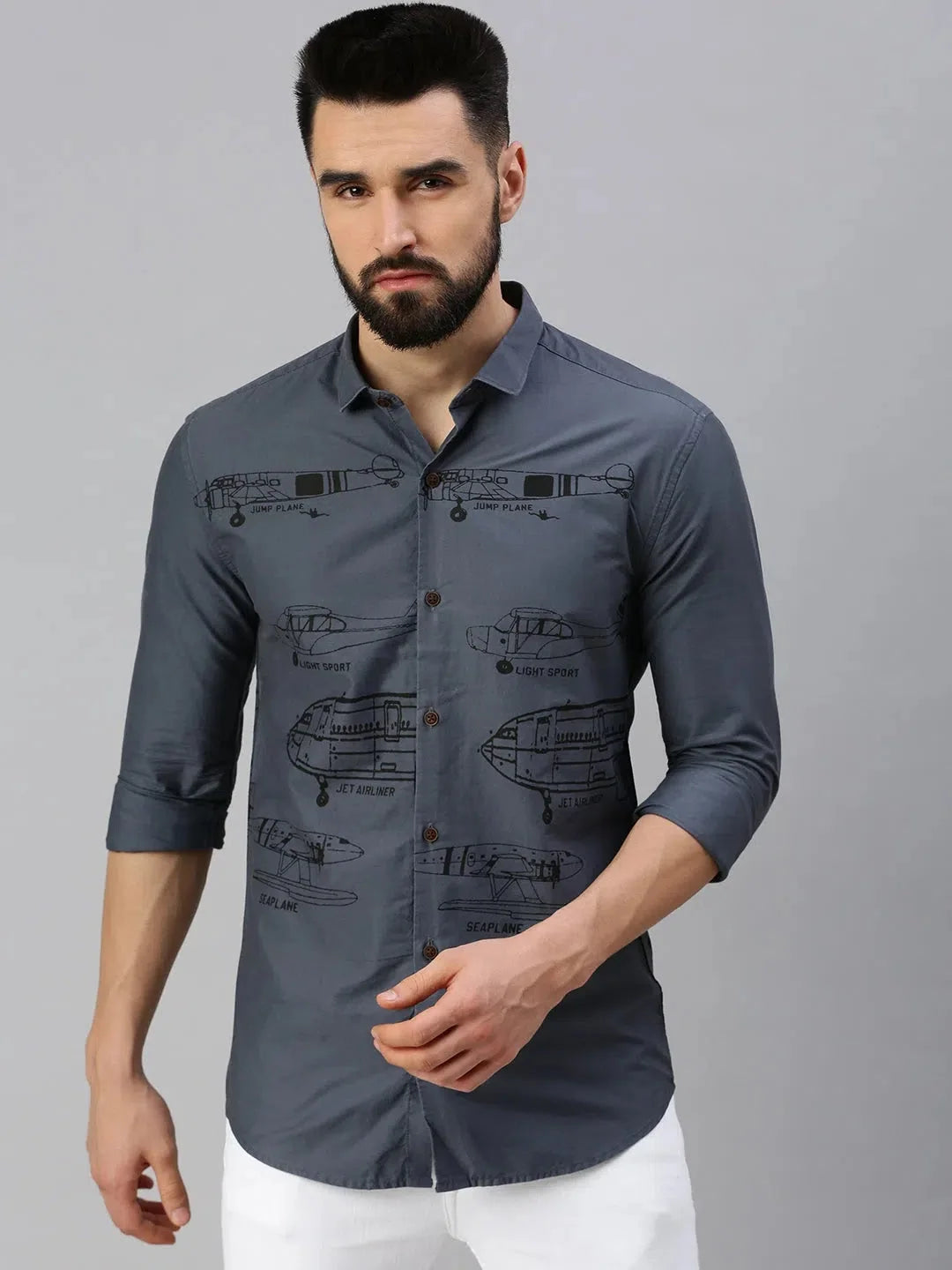 Grey Printed Mens Shirt - Cotton Casual Shirt by DesiQlo