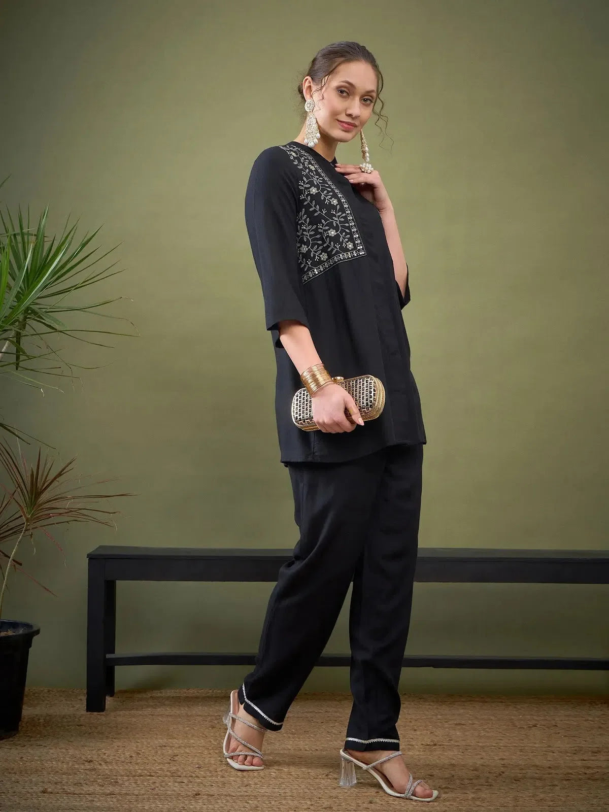 Wholesale Women Black Yoke Embroidered Shirt With Palazzos