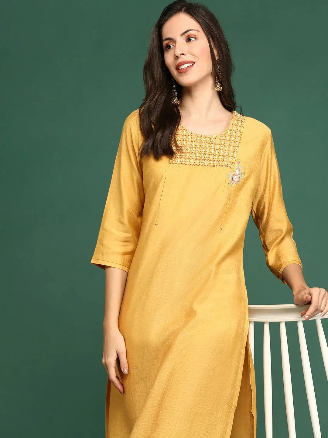 Embellished Mustard Cotton Kurta - Indian Kurta Ladies Style