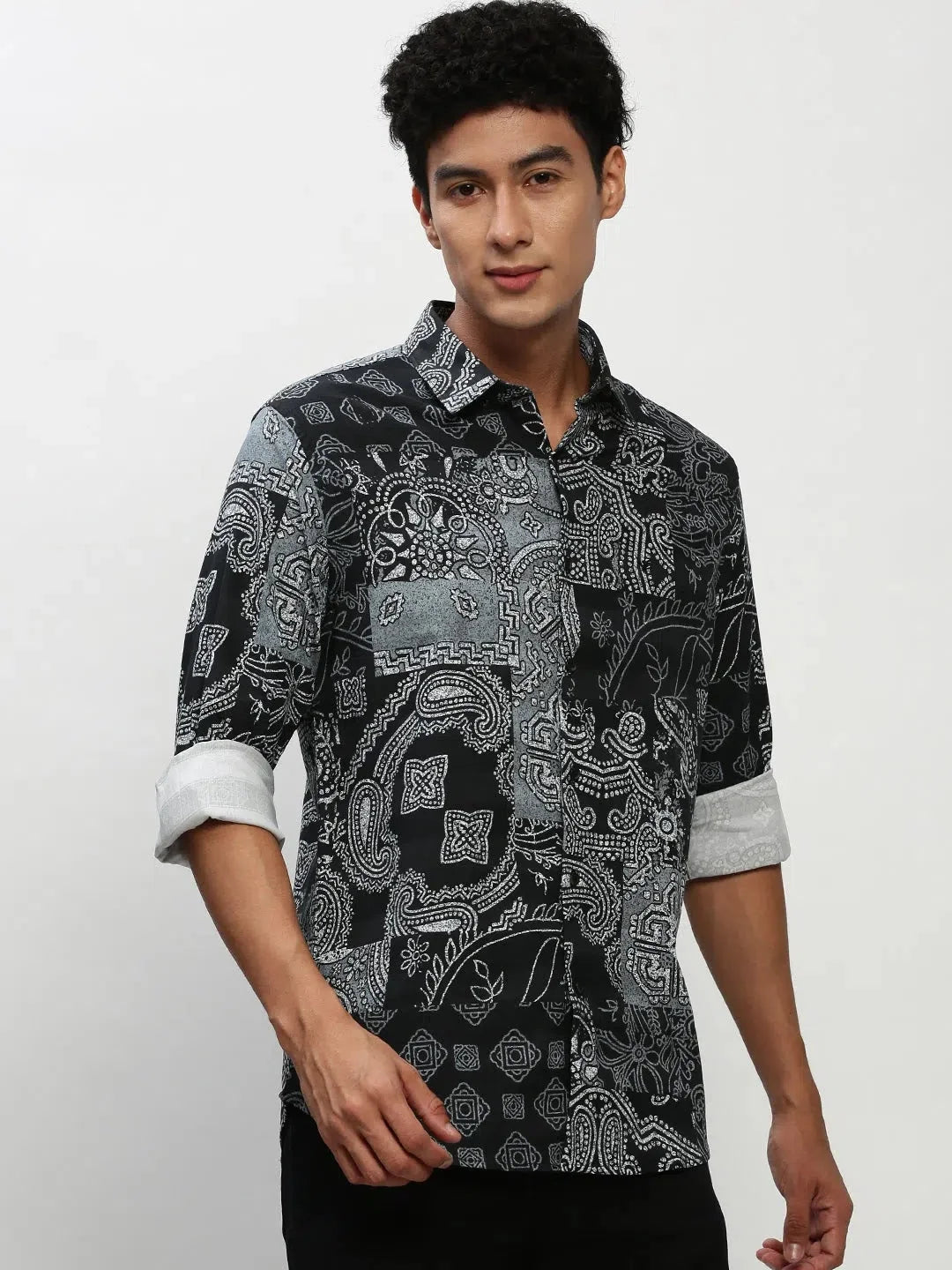 Men's Black Printed Shirt - Ethnic Motif Cotton Casual Shirt