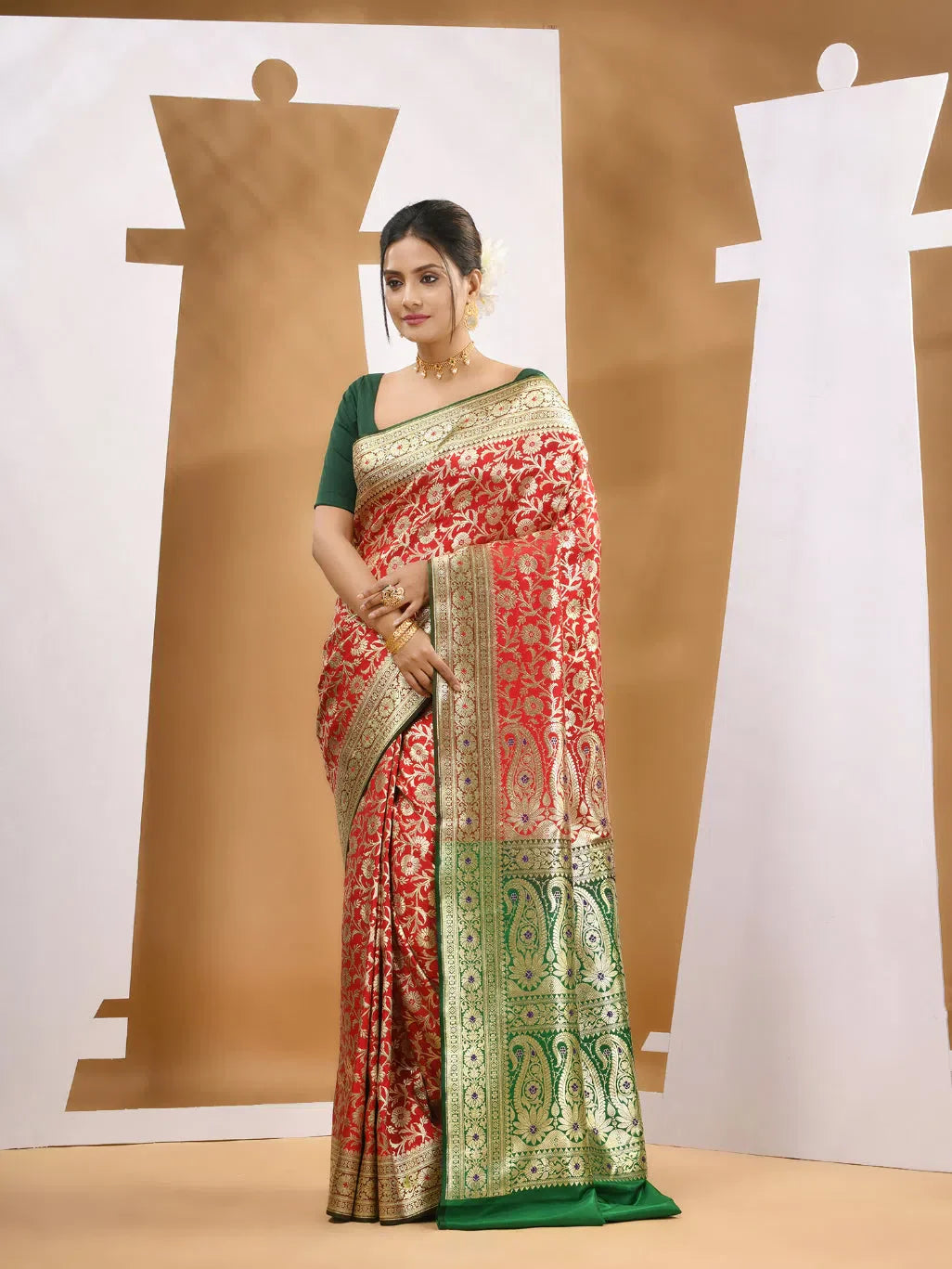 Red Banarasi Indian Sari - Zari Woven Polyester Saree