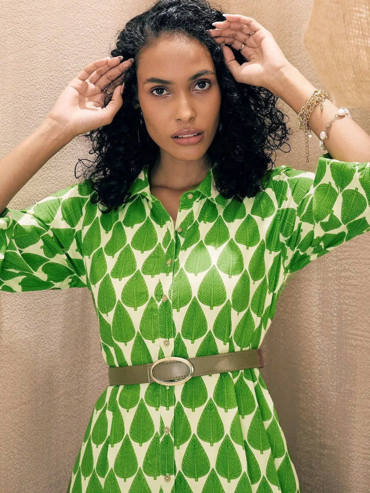 Green Leaf Print Midi Dress | Women's Button Front Lehenga Look