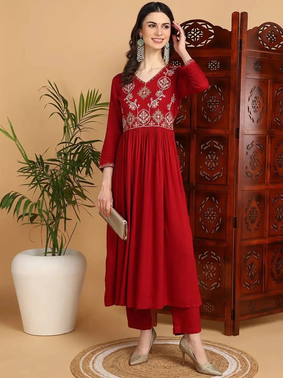 Maroon Embroidered Kurta Set - Women's Indian Kurta Sets