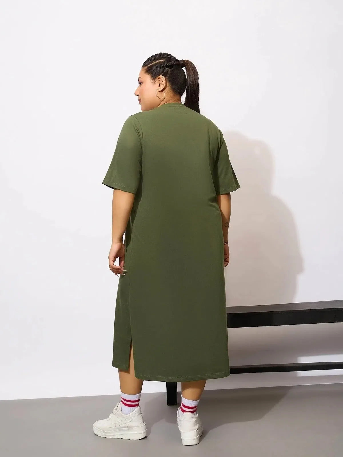 Olive Graphic T-Shirt Dress - Women's Cotton Midi Dress