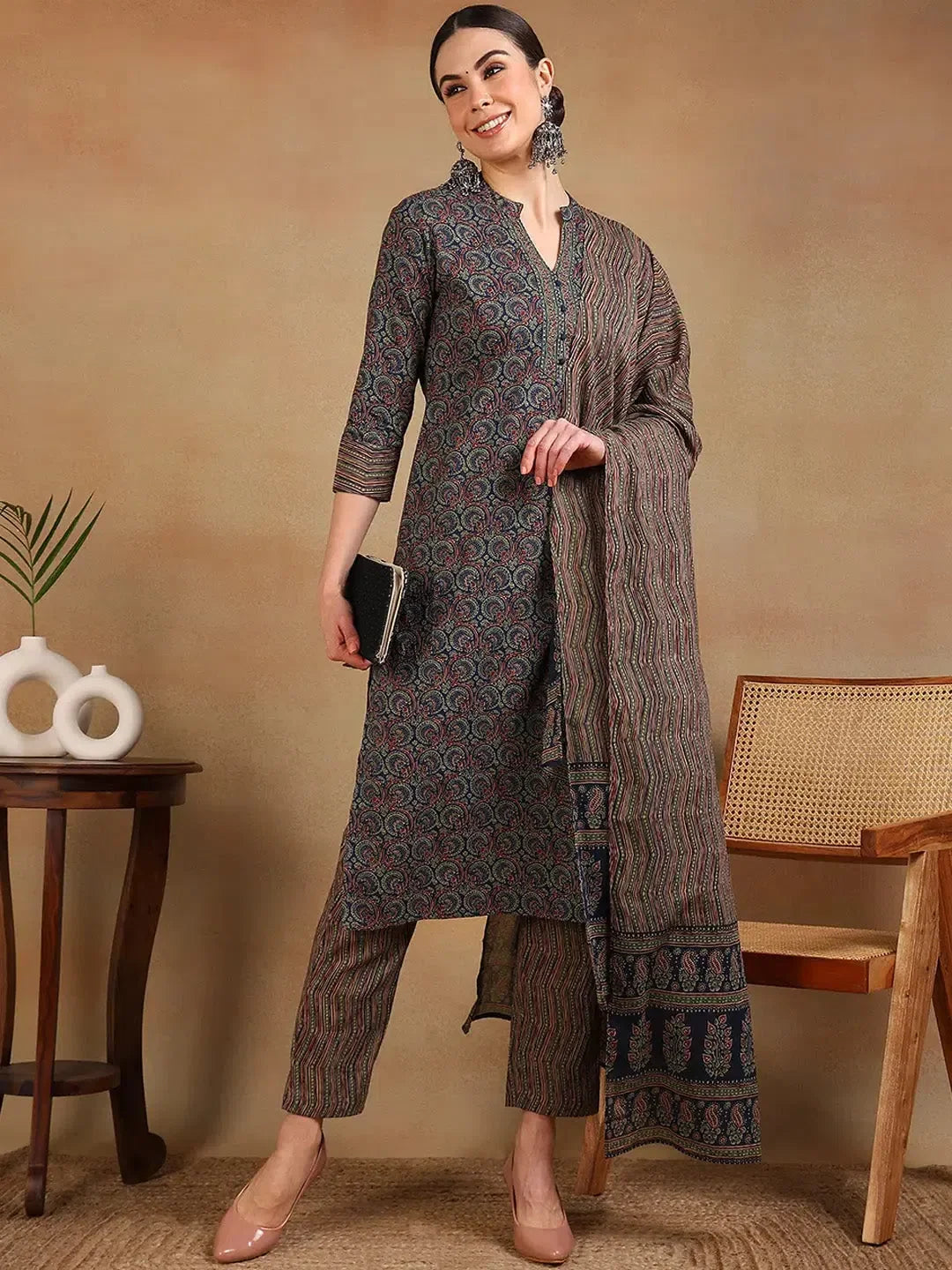 Women Blue Rayon Blend Printed Straight Kurta Pant Set-VKSKD2129A