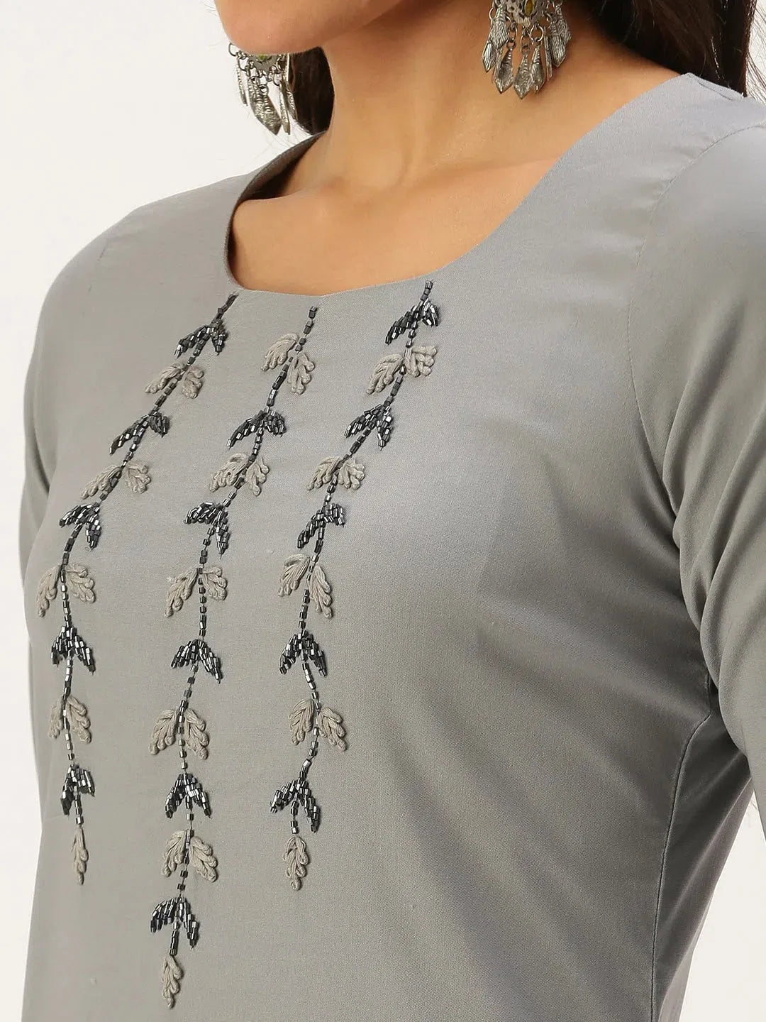 Grey Embellished Indian Kurta for Women - Cotton Kurtas
