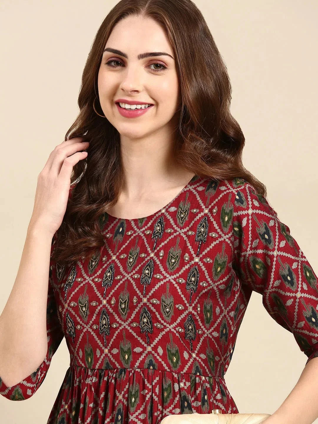 Maroon Ethnic Print Kurta Set - Designer Women's Kurta Sets