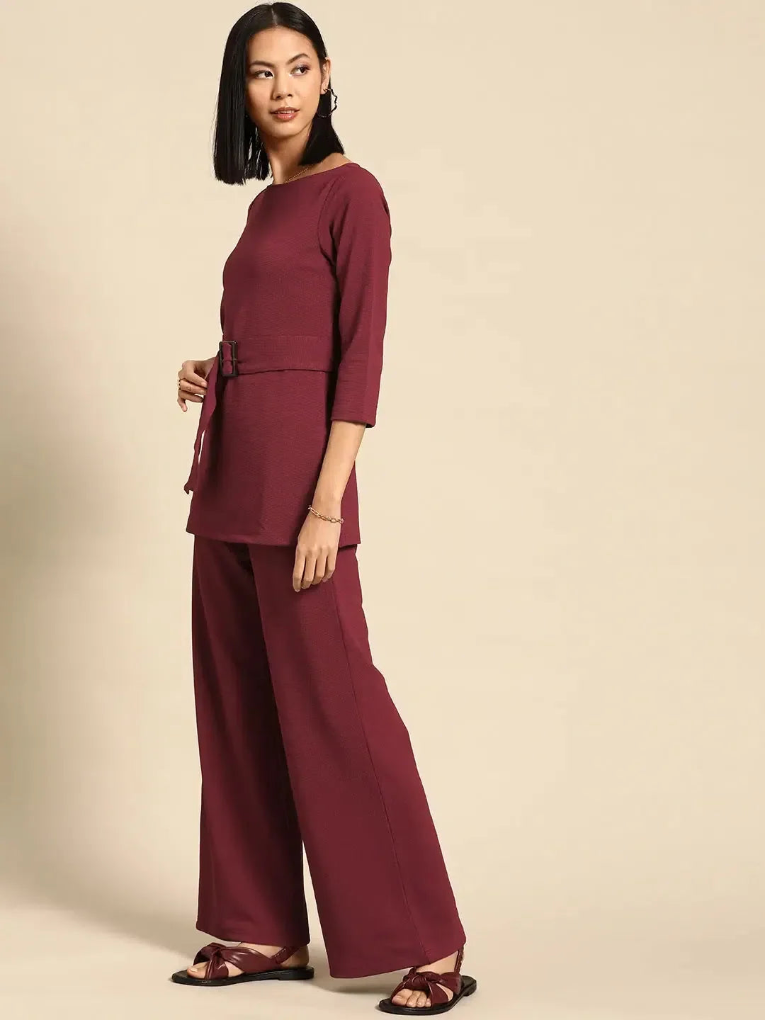 Maroon Boat Neck Cord Set - Women's Two Piece Fashion Sets