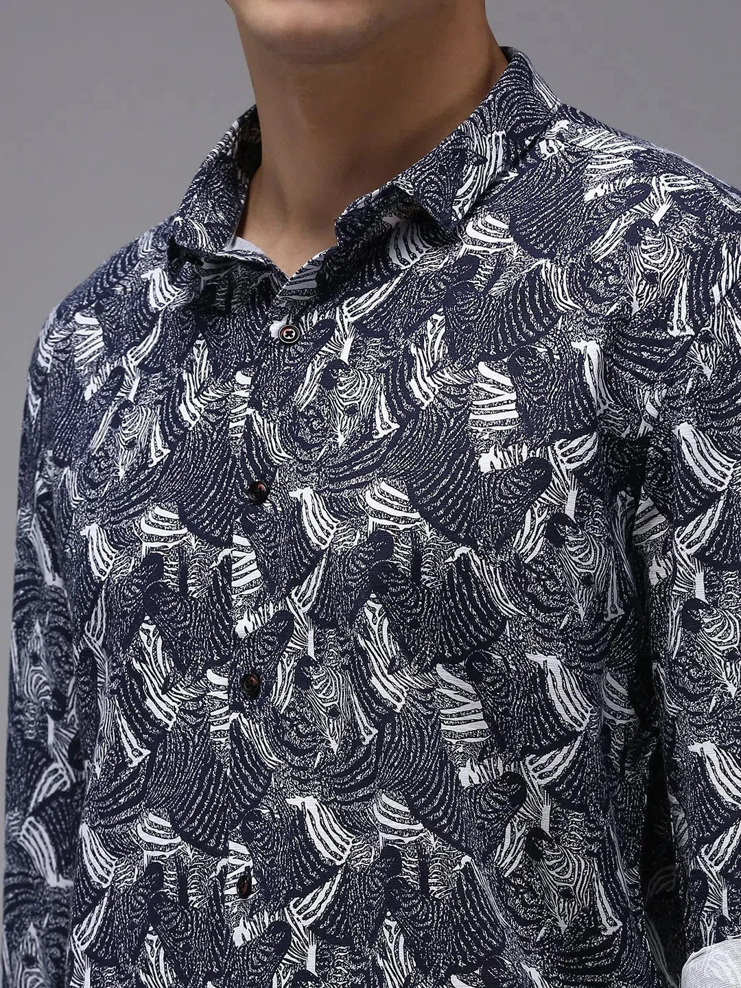 Men's Navy Printed Shirt - Cotton Casual Shirt | DesiQlo