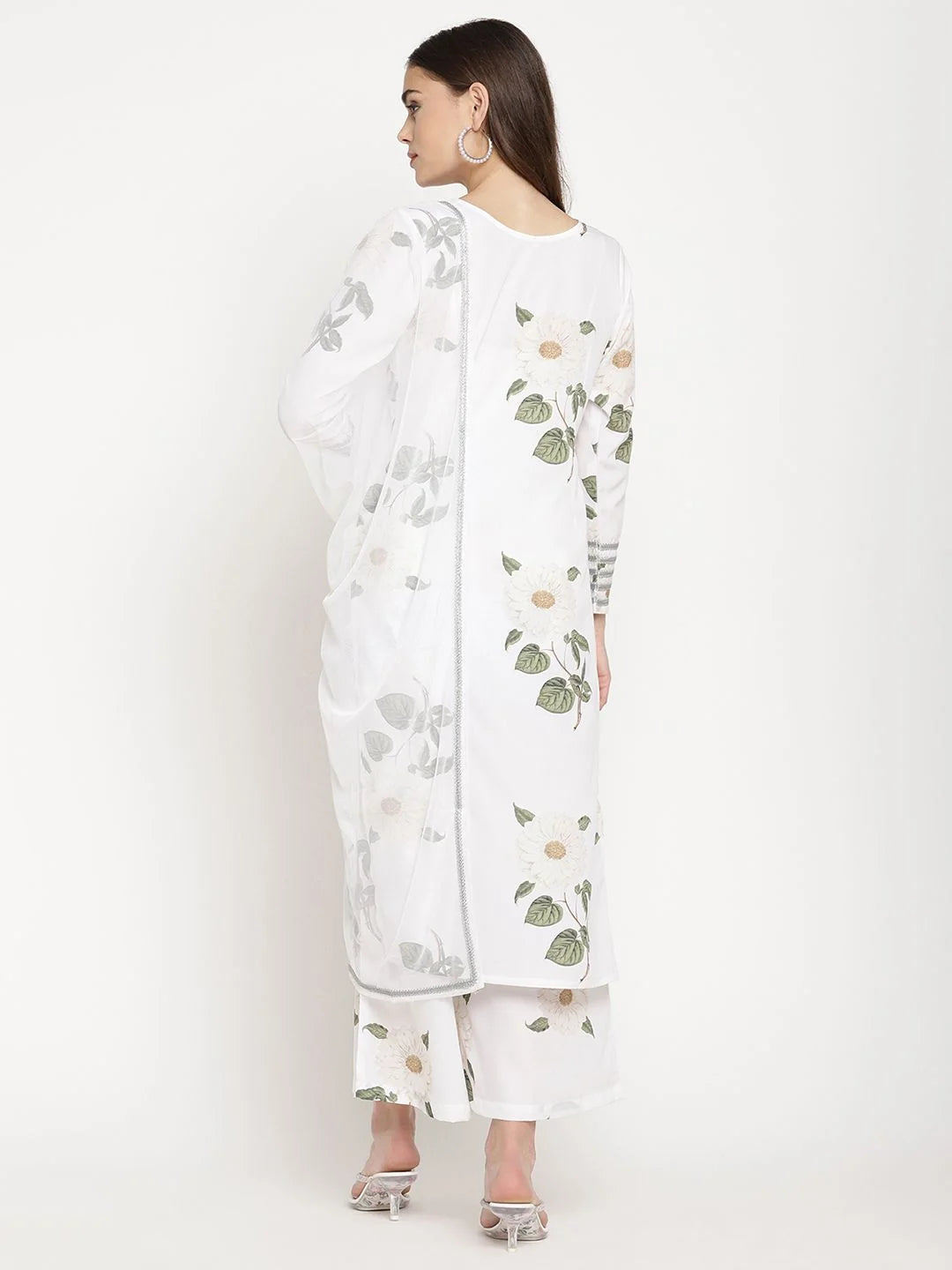 White Digital Print Kurta and Palazzo Set With Dupatta