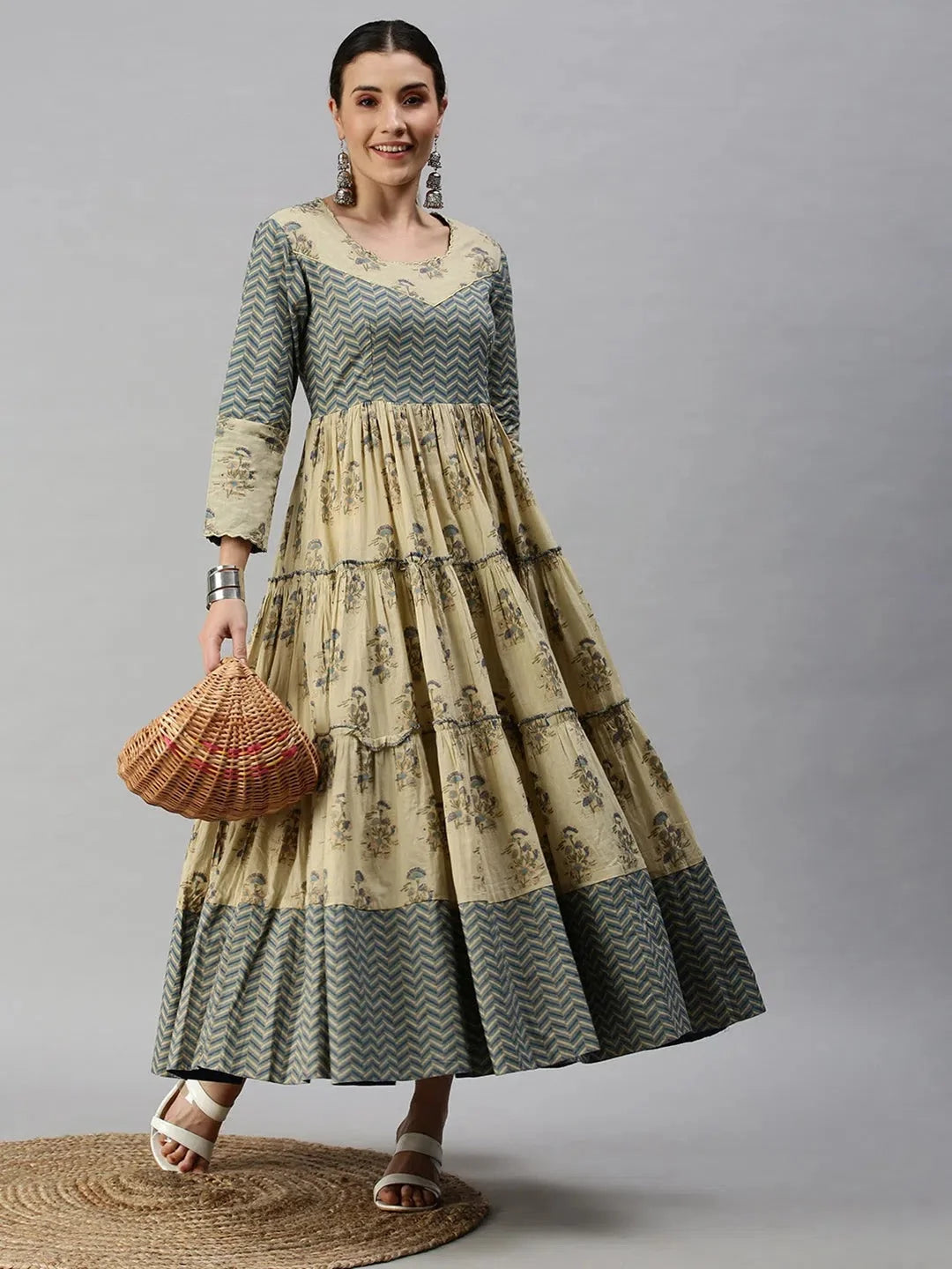 Beige & Blue Printed Anarkali Kurta- Women's Anarkali Gown