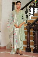 Women Aqua Tissue Brocade Embroidered Kurta With Scalloped Pant & Dupatta-129-Vaas-Aqua