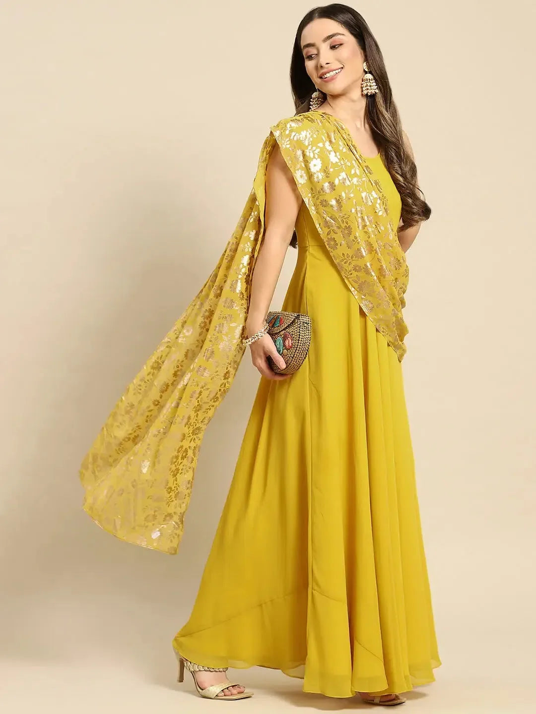 Yellow Long Flare Dress with Dupatta | Women's Western Wear